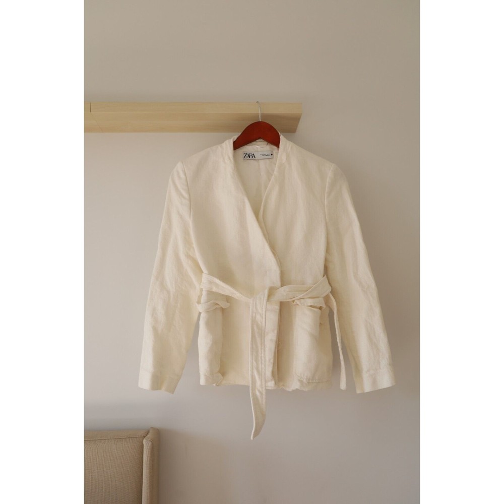 NWOT Zara Womens Sz S Belted Open Blazer Oyster White Thick Canvas